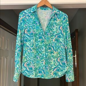 Lilly Pulitzer Long Sleeve Collared Button Down Print Shirt Top Nylon Blend Sz S